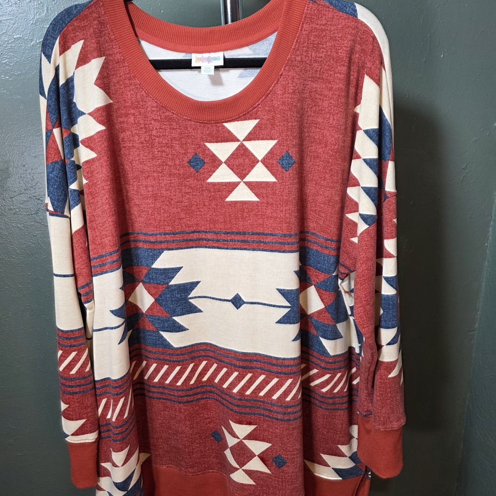 LuLaRoe Hannah Red, Cream & Blue Aztec Print Womens Top